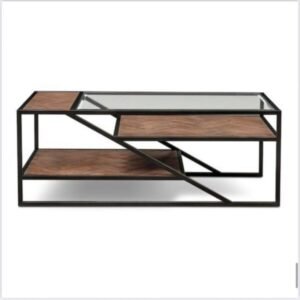 Mesa de centro con estructura metálica geométrica, tapa de vidrio templado y base en madera natural. Un diseño moderno y artesanal que aporta estilo y elegancia a cualquier salón.