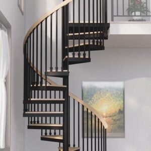 Escalera de caracol en acero negro con peldaños y pasamanos de madera moderna