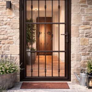 Reja para puerta abatible a medida MOD-P04 – Diseño Rústico con Forja Decorativa