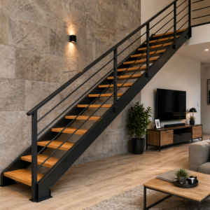 Escalera recta de acero a medida con barandilla horizontal – MOD-ESC-04